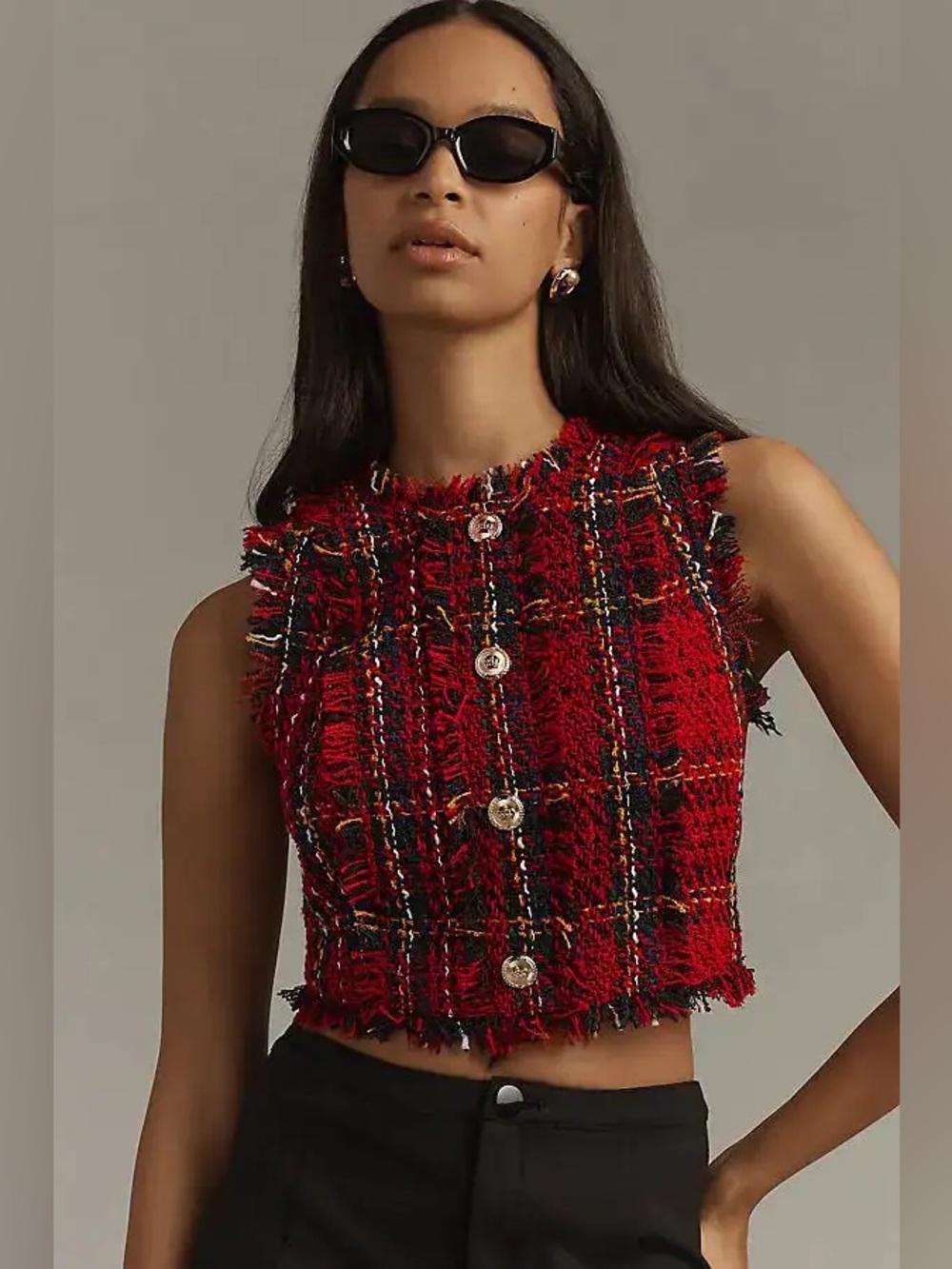 Walter Baker Scotch Tweed Fringed Cropped Button Tank